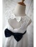 Ivory Lace Navy Blue Bow Heart Hole Back Flower Girl Dress 